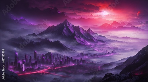 fantasy mountain wallpaper 4k. fantasy mountain city wallpaper. Fantasy landscape of mountain with futuristic city and red moon. 