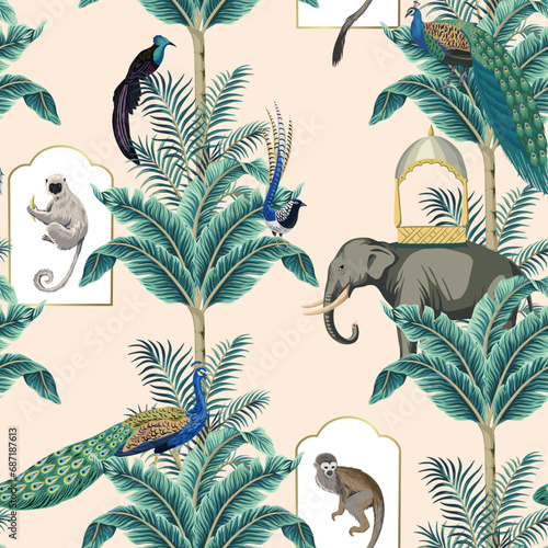 Indian elephant, monkey, peacock, lemur animal, palm tree, tropical leaf seamless pattern. Jungle wallpaper.