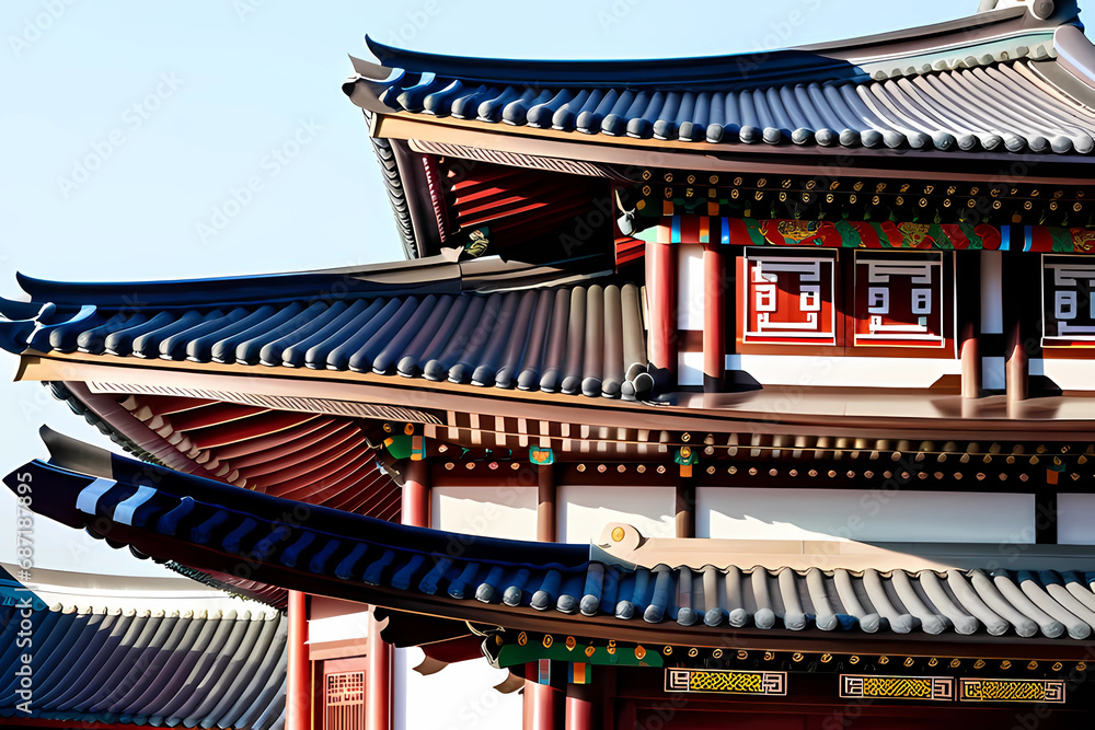 The roofs, adorned with their distinctively curved eaves, seem to dance against the sky, reflecting the artistic sensibilities deeply rooted in Korean temple architecture. Generative AI.