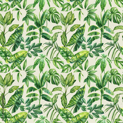Exotic floral pattern. tropical green plant in summer print. Watercolor tropical palm leaves, jungle seamless pattern 