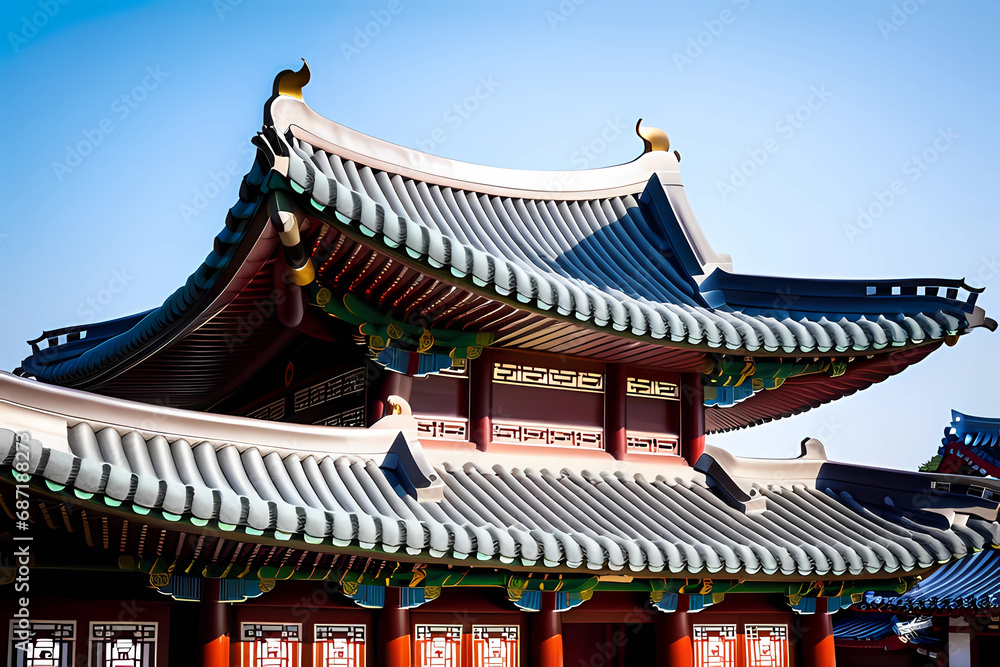 The roofs, adorned with their distinctively curved eaves, seem to dance against the sky, reflecting the artistic sensibilities deeply rooted in Korean temple architecture. Generative AI. The roofs, adorned with their distinctively curved eaves, seem to dance against the sky, reflecting the artistic sensibilities deeply rooted in Korean temple architecture. Generative AI.