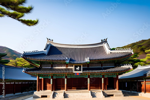 The roofs, adorned with their distinctively curved eaves, seem to dance against the sky, reflecting the artistic sensibilities deeply rooted in Korean temple architecture. Generative AI.