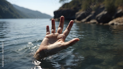 A hand sticking out of the water