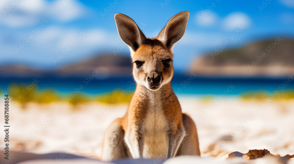 Kangaroo on the beach with blue sky and ocean in background Kangaroo on the beach with blue sky and ocean in background
