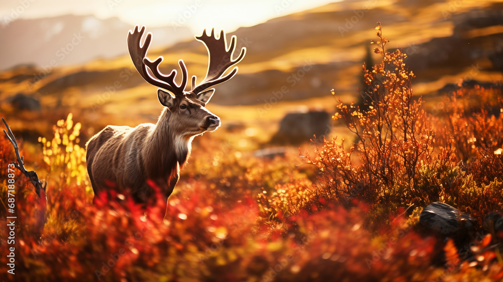 Fototapeta premium Majestic reindeer in autumn forest. Nature scene.
