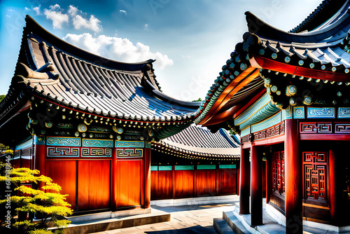 The roofs  adorned with their distinctively curved eaves  seem to dance against the sky  reflecting the artistic sensibilities deeply rooted in Korean temple architecture. Generative AI.