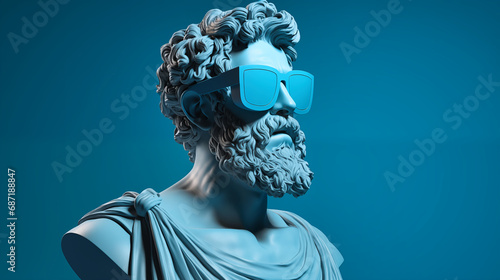 Bust Statue with sunglasses on blue background. 
