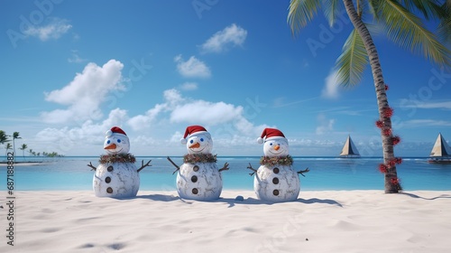 Christmas snowman in santa hat at beautiful beach. Holiday concept.