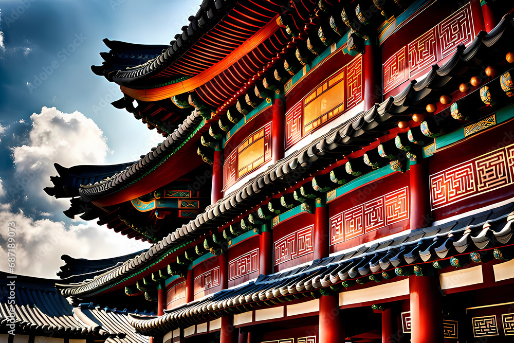 The roofs, adorned with their distinctively curved eaves, seem to dance against the sky, reflecting the artistic sensibilities deeply rooted in Korean temple architecture. Generative AI. The roofs, adorned with their distinctively curved eaves, seem to dance against the sky, reflecting the artistic sensibilities deeply rooted in Korean temple architecture. Generative AI.