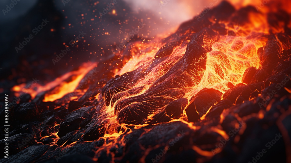 Close-up of flowing lava, top view. Dark texture background. - obrazy, fototapety, plakaty 