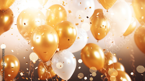 Gold foil party balloons on gold confetti background