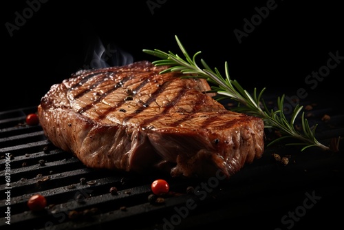 Delicious steak on black background with herbs and spices