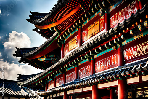 The roofs  adorned with their distinctively curved eaves  seem to dance against the sky  reflecting the artistic sensibilities deeply rooted in Korean temple architecture. Generative AI.