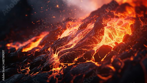 Close-up of flowing lava, top view. Dark texture background.