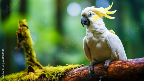 Sulphur Crested Cockatoo (Cacatua galerita) sitting on a branch in the rainforest
 photo