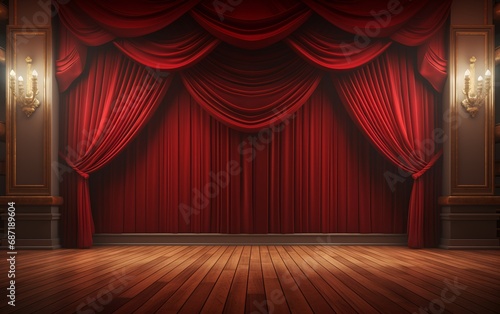 Elegant Red Theater Curtains with Wooden Stage Floor