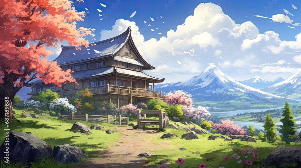 an anime house with trees and flowers in front, in the style of realistic landscapes with soft tonal colors. Generative AI