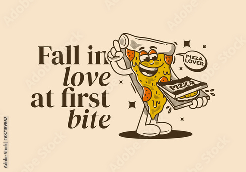 Fall in love at first bite. Character of pizza holding a box pizza