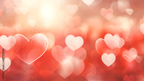 Background for Valentine's Day with red and white hearts. Heart-shaped bokeh.