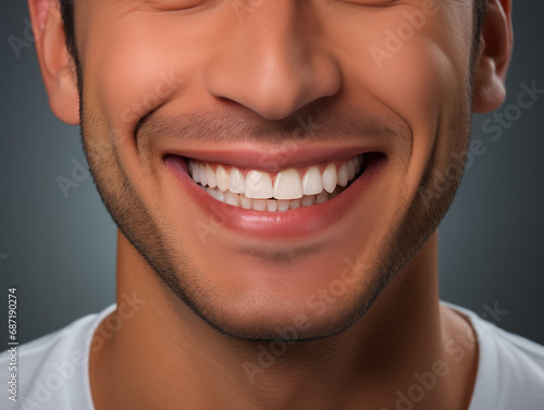 Perfect healthy teeth smile of young man. Teeth whitening. Dental clinic patient. Dentistry