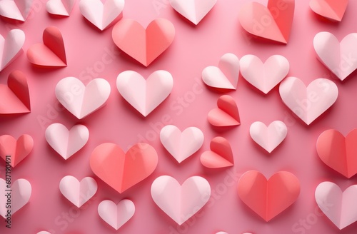 A bunch of paper hearts on a pink background
