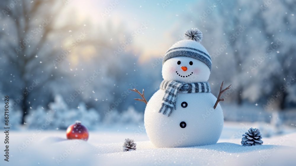 Happy snowman standing in christmas landscape.Snow background.