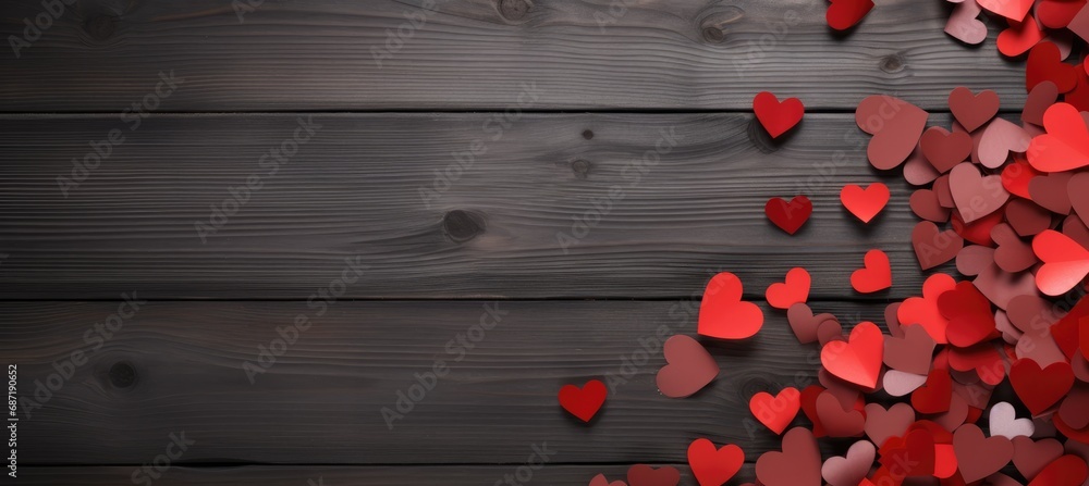 Many hearts are scattered on a wooden surface Many hearts are scattered on a wooden surface