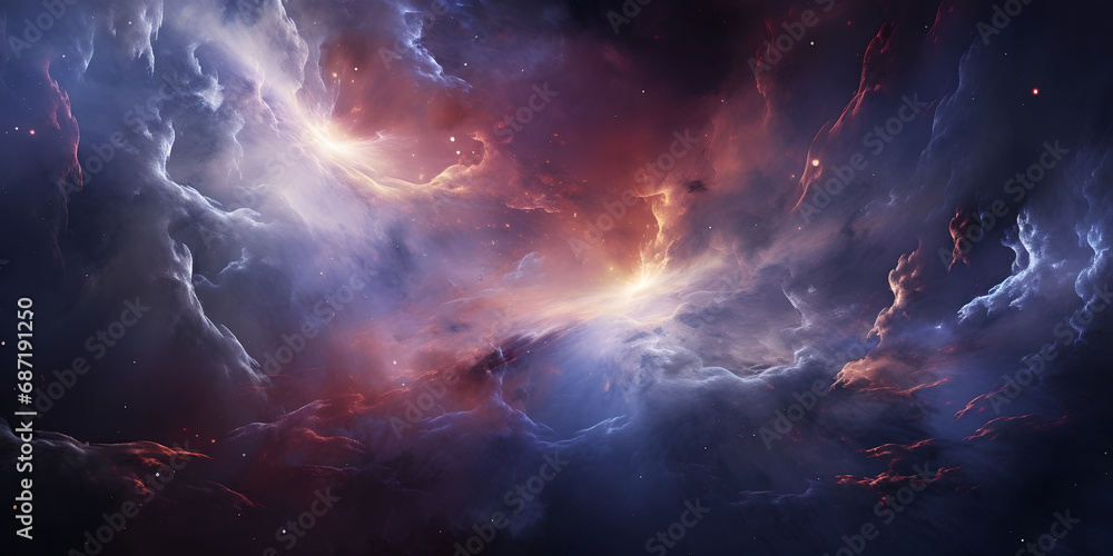 The purple and red hues form a brilliant nebula background, with sunlight streaming out of the clouds