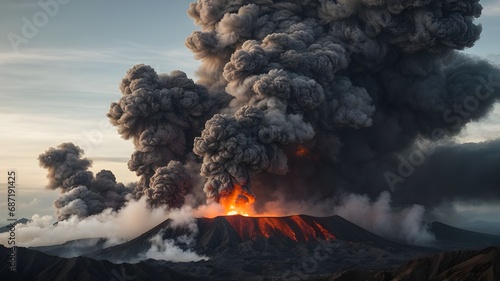 fire burning in the clouds. An active volcano. burning fire burning in the sky. Big fire and smoke clouds in the sky. Ai ganerated image