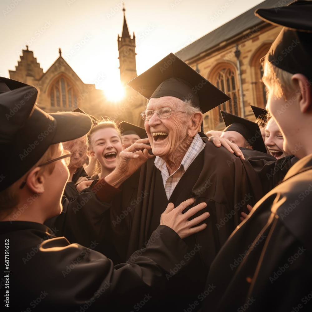 Obraz premium A happy elderly proud graduate donned a square academic cap, symbolizing their achievement and knowledge gained throughout their academic journey 