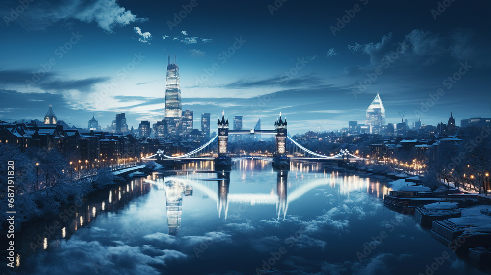 Panoramic view of a winter London city skyline at dusk, with the city lights reflecting off the icy surfaces and creating a magical - obrazy, fototapety, plakaty 