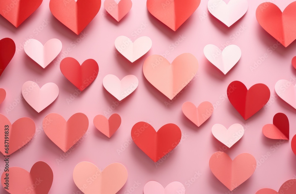 A bunch of paper hearts on a pink background