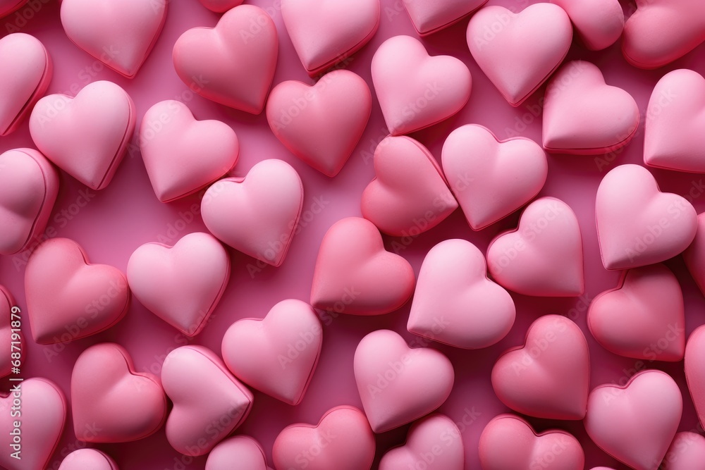 A bunch of pink heart shaped candies on a pink surface