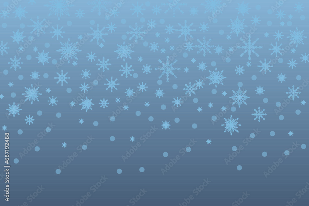 Blue background with snowflakes. Seamless pattern. Light snowflakes of different sizes on a gradient background. Isolated, editable contour. Background for paper, cover, fabric, textile, decor. Blue background with snowflakes. Seamless pattern. Light snowflakes of different sizes on a gradient background. Isolated, editable contour. Background for paper, cover, fabric, textile, decor.