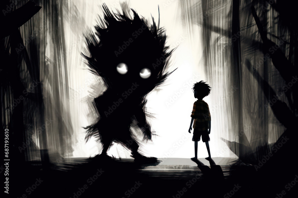 A Striking Silhouette Illustration of a Young Boy Facing a Mysterious Creature in a Dark Forest
