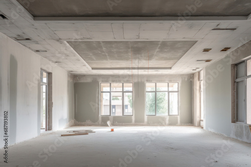 A Spacious Room Under Construction, Filled with Natural Light from Large Windows