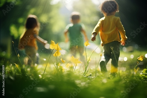 happy children playing in the park in springtime or summertime. Generative AI