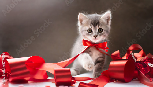 cute kitten with red bow and red ribbons around it © Benjamin