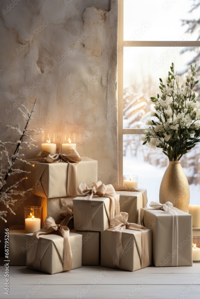 Gift boxes on a white countertop the background is a cozy room and theme is christmas and earthy minimalist colours from eye level perspective