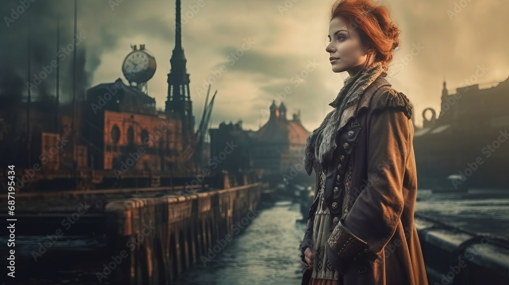 Steampunk and retro-futurism style. Portrait of attractive steampunk woman standing against the background of the canal in old city.