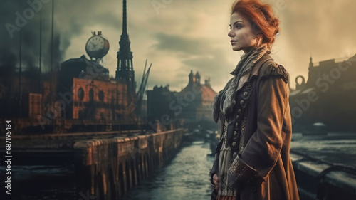 Steampunk and retro-futurism style. Portrait of attractive steampunk woman standing against the background of the canal in old city. © tynza