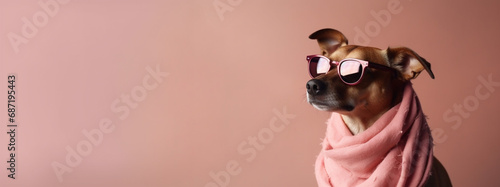 A dog in a pink scarf and sunglasses. AI Generated