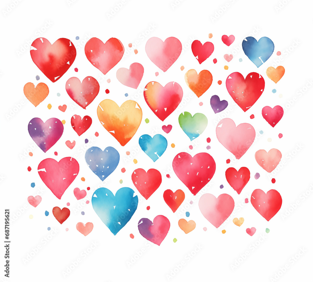 Watercolor set of colorful hearts, valentine romantic elements