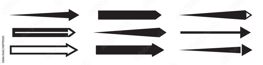 Collection of different long black straight arrows pointing to the right. Vector design element isolated on white background Collection of different long black straight arrows pointing to the right. Vector design element isolated on white background