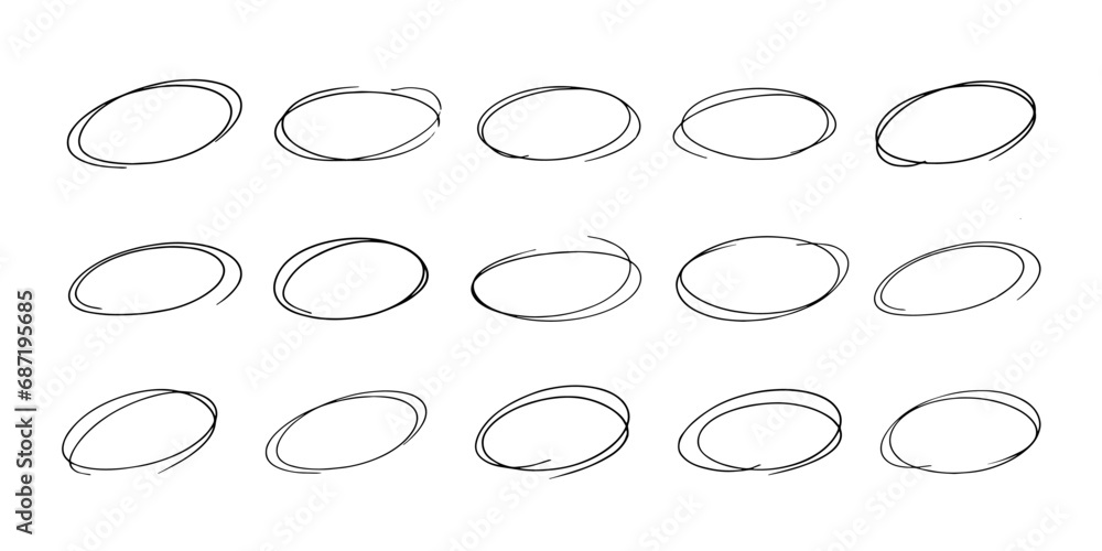 Ellipse pencil doodles for highlights. Black pen oval sketches. Marker circle doodles. Set of hand drawn horizontal circles isolated on white background. Realistic vector