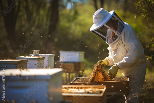 Beekeeper in protective gear working on beehives in an organic farm.jars of fresh honey