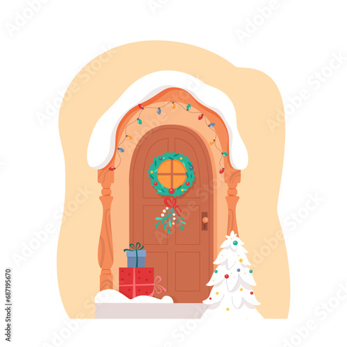 Christmas front house door decorated for holiday. Traditional xmas georgian winter home decoration with wreath, garlands and gifts. Flat vector illustration isolated on white background