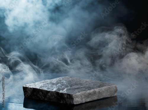 Abstract minimal concept. Dark background with natural granite stones podium on water, and smoke surrounding. Mock up, template for product presentation. Copy text space