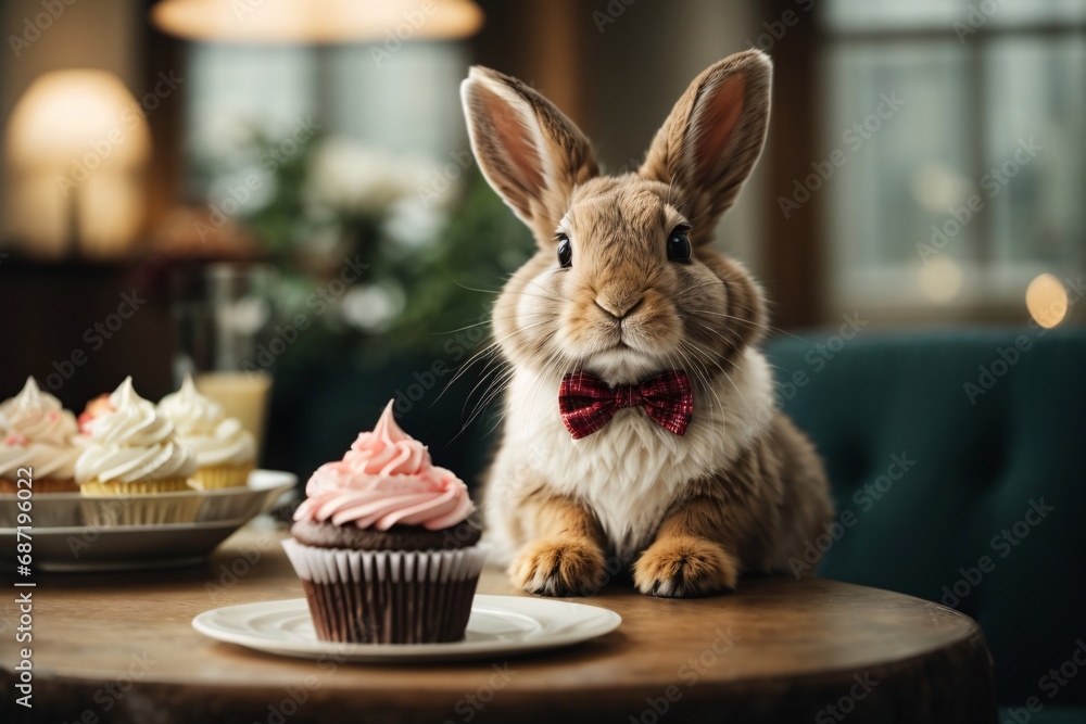Obraz premium cute rabbit wearing a bow tie and sitting next to a sweet cupcake.