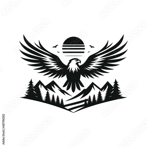 Eagle with wings, mountain in the background vector logo